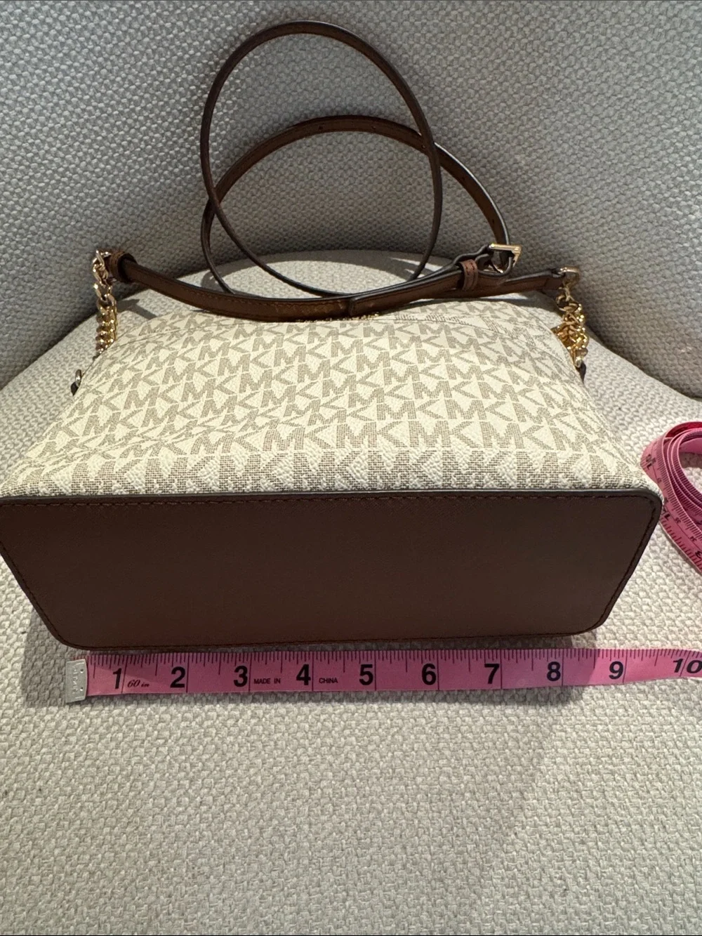 Michael Kors Beige Logo Crossbody with Brown Strap and Gold Hardware
